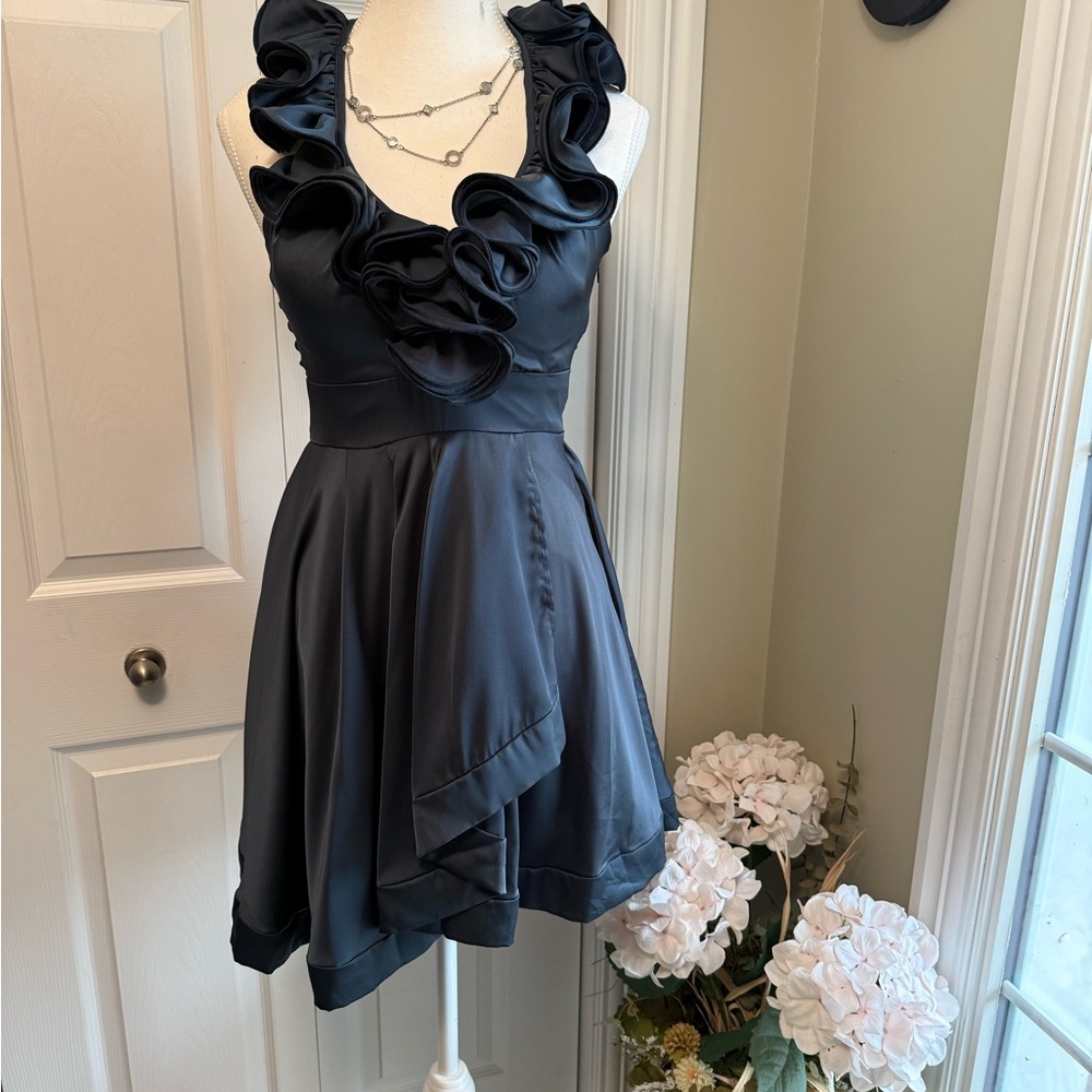 B Darlin Charcoal Asymmetrical Ruffle Dress